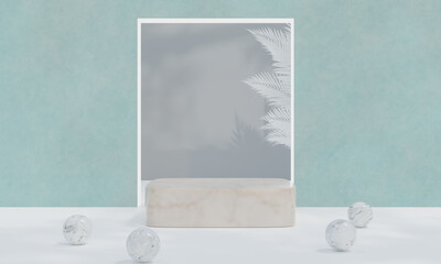 Podium with colorful pastel background and tree or leaf stand on advertising display. 3D rendering.