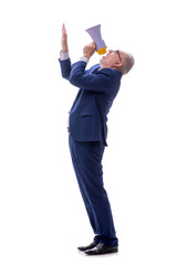 Old businessman holding megaphone isolated on white