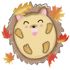 A little hedgehog enjoying with falling leaves in autumn