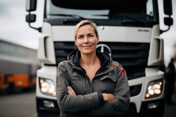 Smiling portrait of a female middle aged trucker working for a trucking company in europe