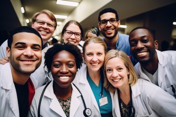 Smiling portrait of a Diverse group of doctors and nurses in a hospital - Powered by Adobe