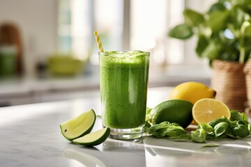 Healthy green smoothie or shake made out of fresh and organic lime and lemon on a kitchen counter top - obrazy, fototapety, plakaty