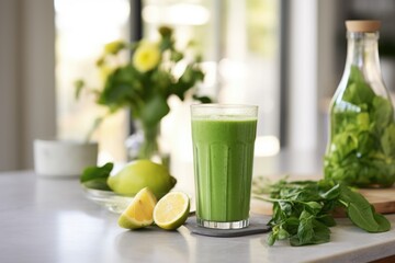 Healthy green smoothie or shake made out of fresh and organic lime and lemon on a kitchen counter top - obrazy, fototapety, plakaty