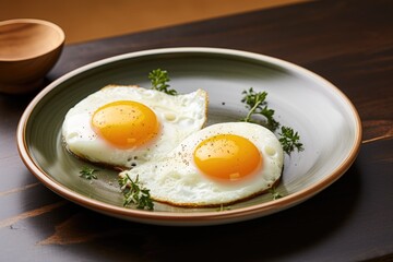 Breakfast containing two fried eggs on a plate