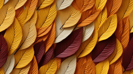 Leaves made from knitted yarn in the colors yellow, brown, and orange