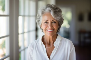 Smiling portrait of a happy senior caucasian woman inside of her home
