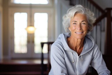 Fototapeta na wymiar Smiling portrait of a happy senior caucasian woman inside of her home