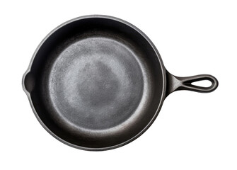 Empty cast iron pan isolated on transparent background, top view
