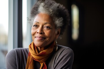 Smiling portrait of a happy senior african american woman at home