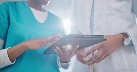 Doctor, hands and tablet in teamwork, research or healthcare advice together at the hospital. Closeup of medical professional or nurse with technology in team planning, strategy or results at clinic