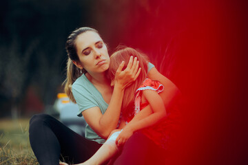 Obraz na płótnie Canvas Mother Comforting her Little Girl after an Accidental Injury. Sad kid suffering in her mother arms feeling protected 