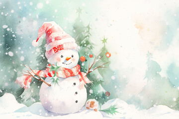 Snowman on Christmas tree background.