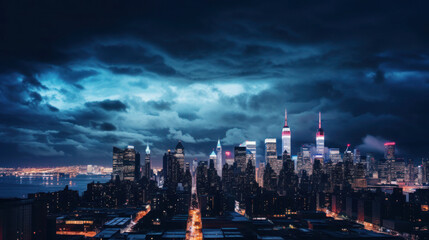 Cityscape at Night: Towering Lights in the Midnight Blue