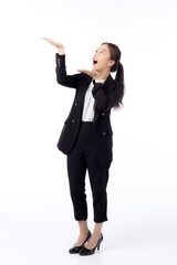 Portrait young asian business woman presenting with surprise and excited isolated white background, advertising and marketing, executive and manager, businesswoman showing something with satisfied.