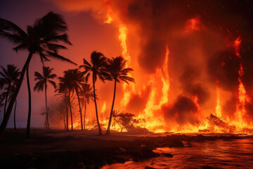 Obraz premium Maui, Hawaii Wildfire Engulfed in Fire at Night - Dark Smoke, Palm Trees, Beach, Water