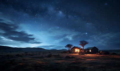 Astrophotography background photograph at night with milkyway and small home for object AI image generative