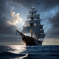 A Pirate Ship on the Sea, a Fantasy portrait.