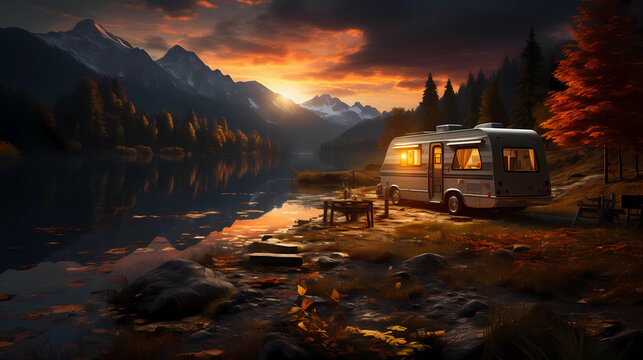 camping with sunset background © ginstudio