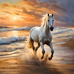 Obraz na płótnie Canvas White horse on the beach at sunset