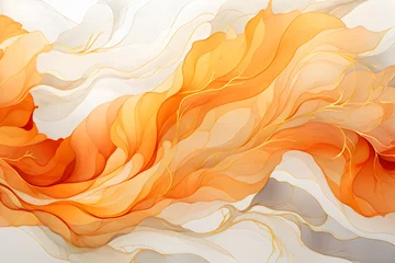 Deurstickers abstract swirling watercolor flow art background in light orange and cream white with gold © Ricky
