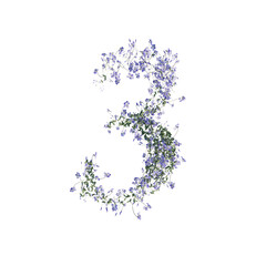 Font made of flowers and leaves, numbers, alphabet, font art 3d rendering with transparent background