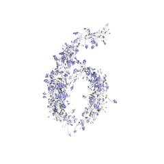 Font made of flowers and leaves, numbers, alphabet, font art 3d rendering with transparent background