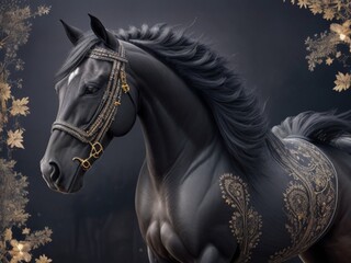Create an intricate AI artwork of a majestic black horse in a surreal and dreamlike setting. The horse should be the central focus, exuding power and grace, while the background should be a mix of abs