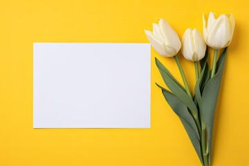 tulips with card  on  yellow background