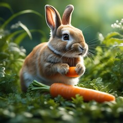 Adorable Rabbit Enjoying a Carrot Snack in the Undergrowth , Generative AI