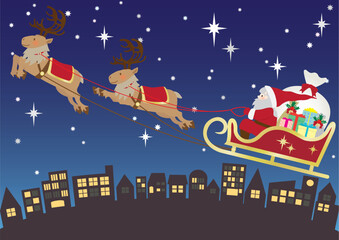 Obraz na płótnie Canvas クリスマスの夜に星空の中をトナカイのソリで飛ぶサンタクロースのベクターイラスト