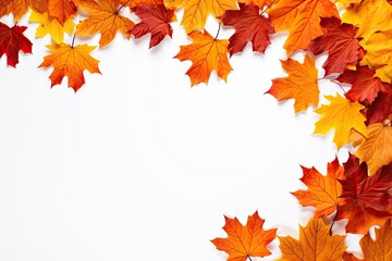 Naklejka na ściany i meble Autumn palette. Vibrant tapestry of maple leaves on white background. Fall finest. Frame of leaf splendor. October canvas