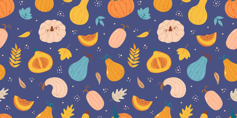 Seamless pattern with pumpkin and leaves