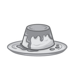 Grayscale outlined flan pudding on top of plate with dripping sweet sauce or vla vector illustration isolated on square white background. Simple flat cartoon art styled drawing.