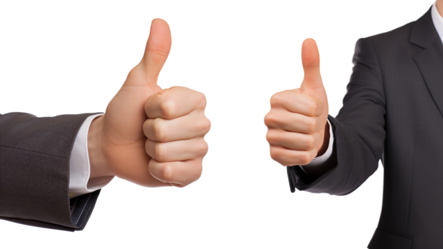 Thumbs up hand gesture, businessman, transparent background, isolated image, generative AI

