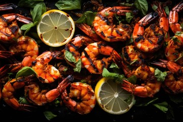 Grilled Shrimp with a drizzle of garlic butter, close-up captured to highlight the shrimp's texture and flavor. Generative AI