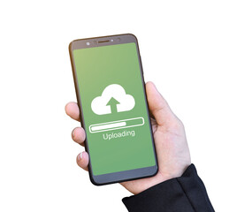 Businessman hand holding mobile smartphone with cloud upload to store data on server isolated on transparent background, PNG Format.