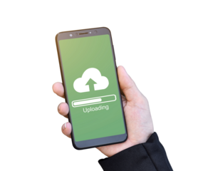 Businessman hand holding mobile smartphone with cloud upload to store data on server isolated on transparent background, PNG Format.