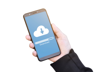 Businessman hand using mobile phone with cloud download form stored data isolated on transparent background, PNG Format.