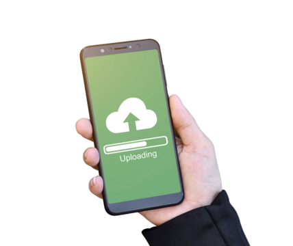 Businessman hand holding mobile smartphone with cloud upload to store data on server isolated on transparent background, PNG Format.