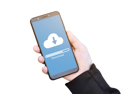 Businessman hand using mobile phone with cloud download form stored data isolated on transparent background, PNG Format. - Powered by Adobe