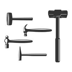 Set of Hammer for Mining, Smith, Blacksmith, Metalwork, Repair, Carpenter, Carpentry, and Builder Tools. Illustration