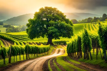 Naklejka premium an artistic view of tea plantation, in the morning , sun rays also present , hd 