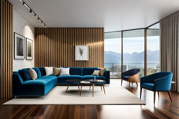 artistic view of modern living room , with blue color sofa , and white carten