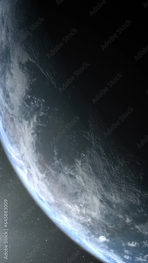 Poster vertical format : a cinematic rendering of planet earth during sunrise as view from space with vibra