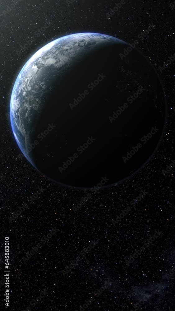 Poster vertical format : a cinematic rendering of planet earth during sunrise as view from space with vibra