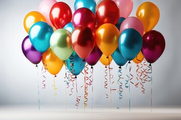 A celebratory background image with a white backdrop filled with colorful balloons, perfect for creative content. Photorealistic illustration