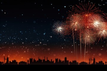 Fototapeta na wymiar A vibrant background image for creative New Year's content, depicting a cityscape illuminated by dazzling fireworks, with stars shining in the night sky. Illustration