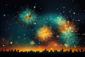 Fototapeta na wymiar A backdrop image suitable for creative content, featuring vibrant fireworks illuminating the cityscape during New Year celebrations. Illustration