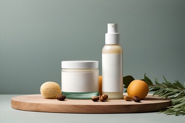 Obraz na płótnie Canvas Minimal mockup background for skincare product presentation. spray bottle and jar