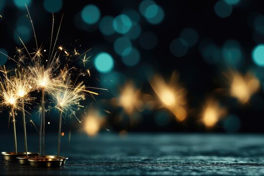 An enticing background image for New Year's creative content, featuring sparkling sparklers with blurred holiday lights, setting a celebratory mood. Photorealistic illustration